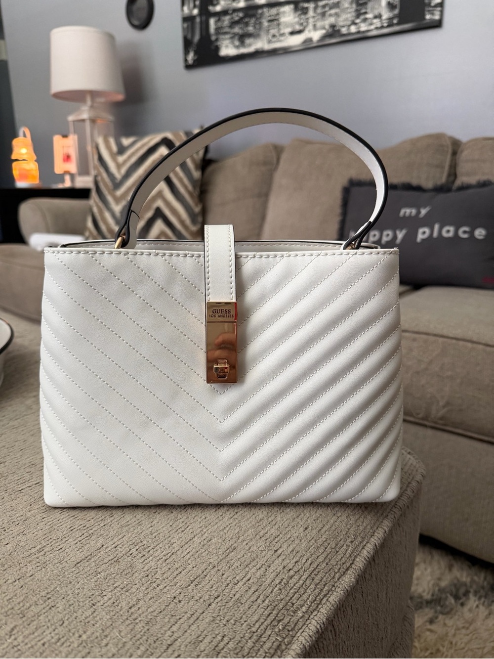 GUESS White Quilted Top-Handle Satchel with Gold Accent - Picture 1 of 4